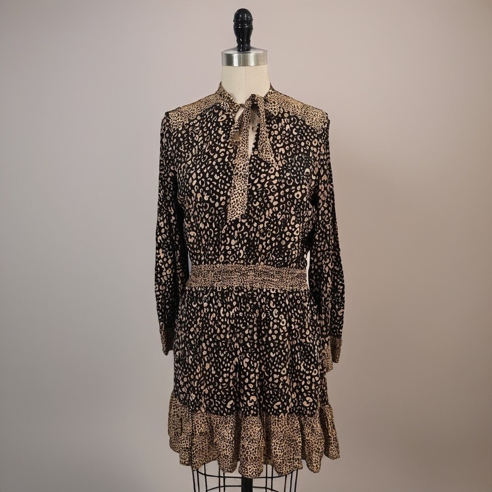 Zara NWT Boho Animal Print Mini Dress | Long Sleeve | Ruffle Hem Size M